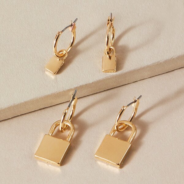 

2pairs Lock Charm Drop Earrings, Gold