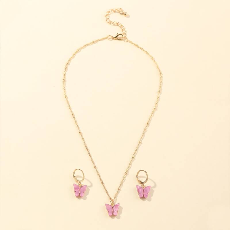 

1pair Butterfly Charm Drop Earrings & 1pc Necklace, Pink