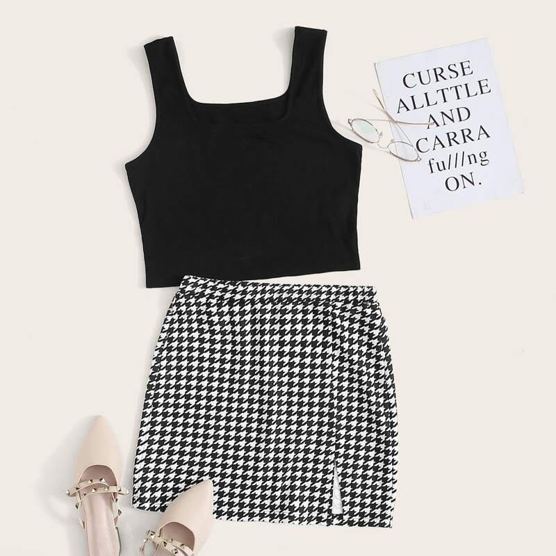 

Crop Tank Top & Split Hem Houndstooth Skirt Set, Black and white