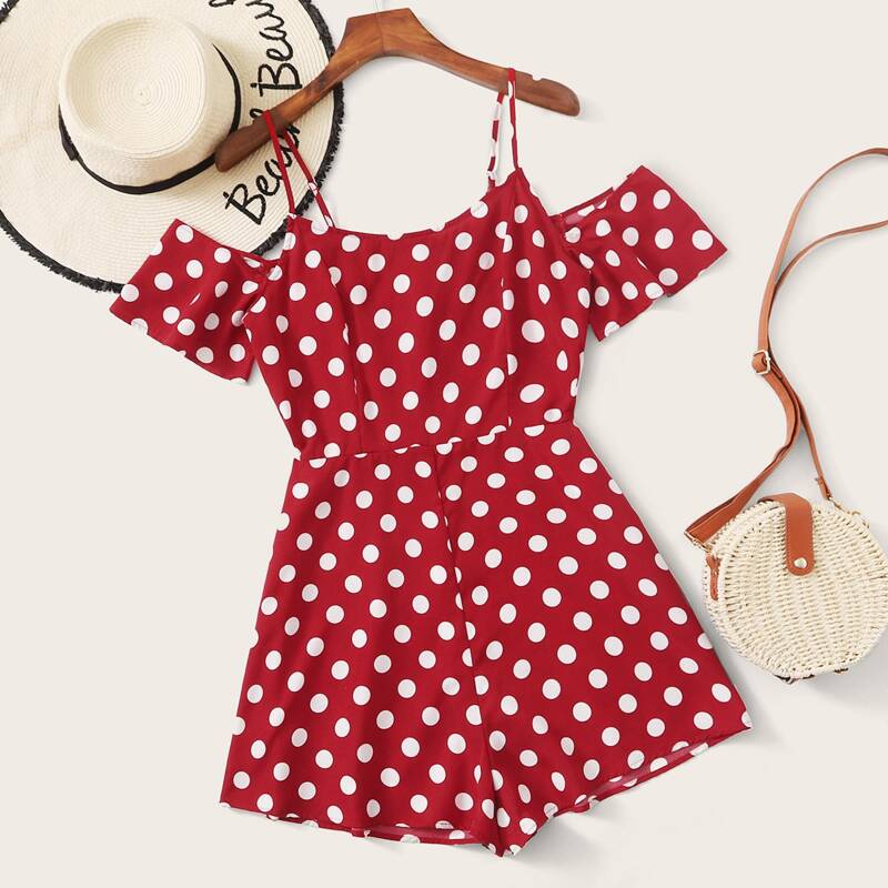 

Cold Shoulder Polka Dot Romper, Red