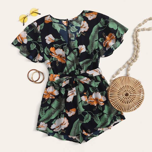 

Surplice Neck Self Belted Tropical Print Romper, Multicolor