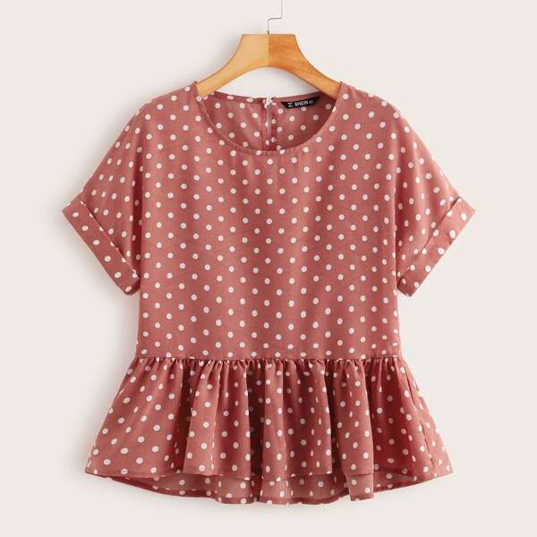 

Polka Dot Cuffed Peplum Top, Pink
