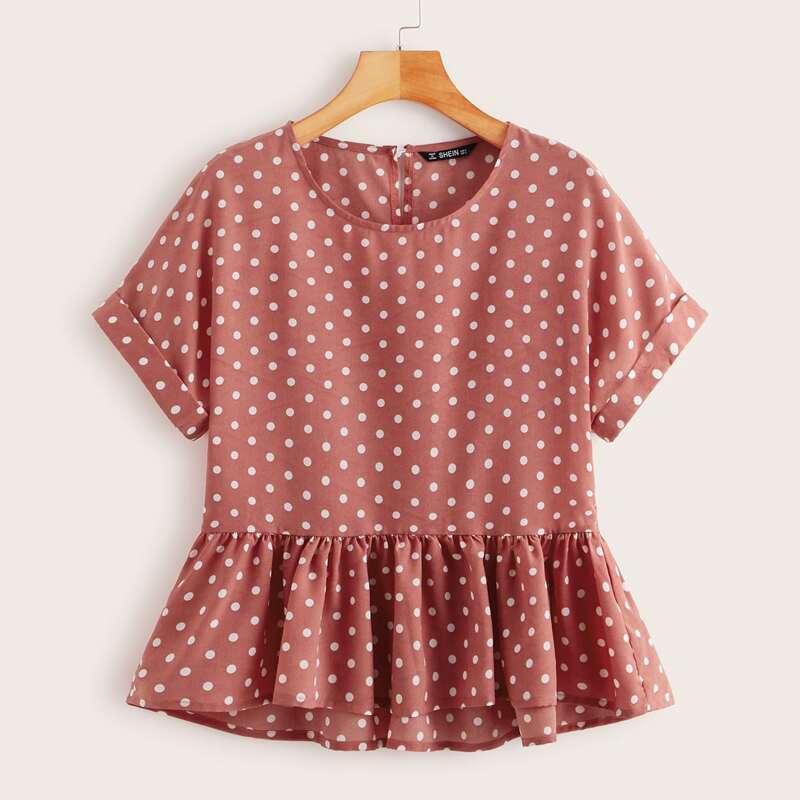 

Polka Dot Cuffed Peplum Top, Pink