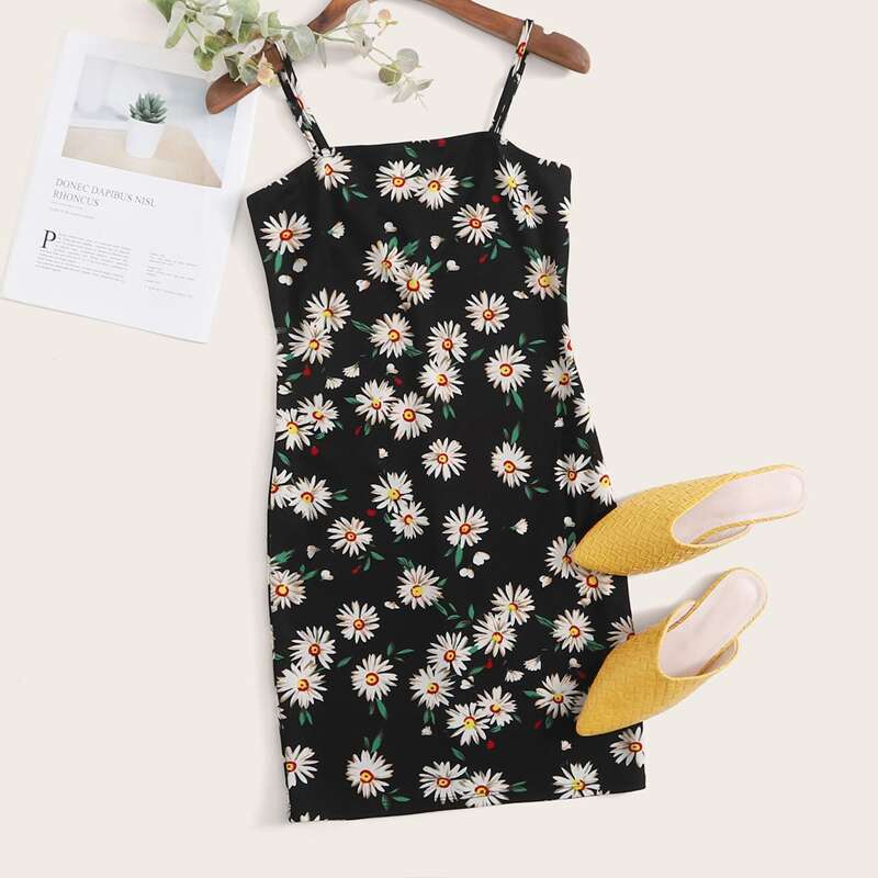 

Daisy Floral Print Slip Dress, Black