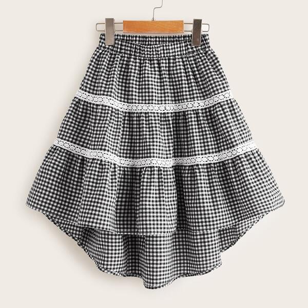 

Girls Guipure Lace Detail Asymmetrical Hem Gingham Skirt, Black and white