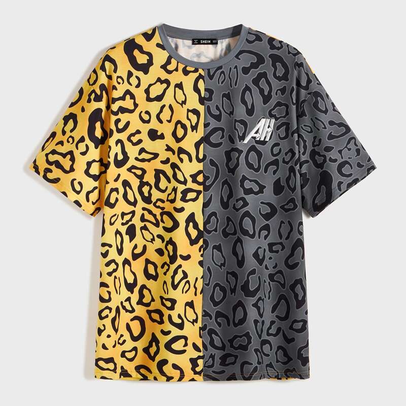 

Guys Two Tone Letter Embroidery Leopard Top, Multicolor