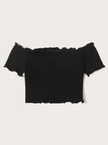 SHEIN Off Shoulder Lettuce Trim Sunflower Embroidery Crop Top - Black - View 2