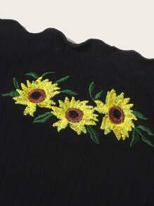 SHEIN Off Shoulder Lettuce Trim Sunflower Embroidery Crop Top - Black - View 3