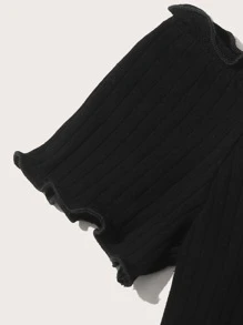 SHEIN Off Shoulder Lettuce Trim Sunflower Embroidery Crop Top - Black - View 4