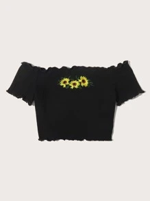 SHEIN Off Shoulder Lettuce Trim Sunflower Embroidery Crop Top - Black - View 5