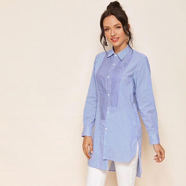 

Asymmetrical Hem Striped Button Up Blouse, Blue
