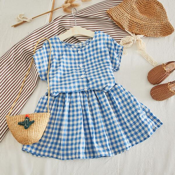 

Toddler Girls Gingham Button Front Blouse With Skirt, Blue