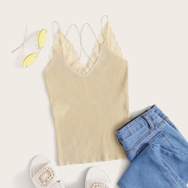 

Contrast Lace Crisscross Cami Knit Top, Beige