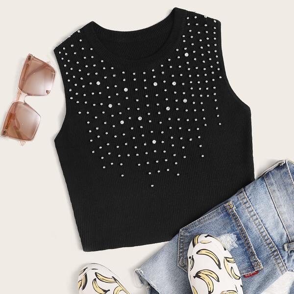 

Rhinestone Beaded Crop Knit Top, Black