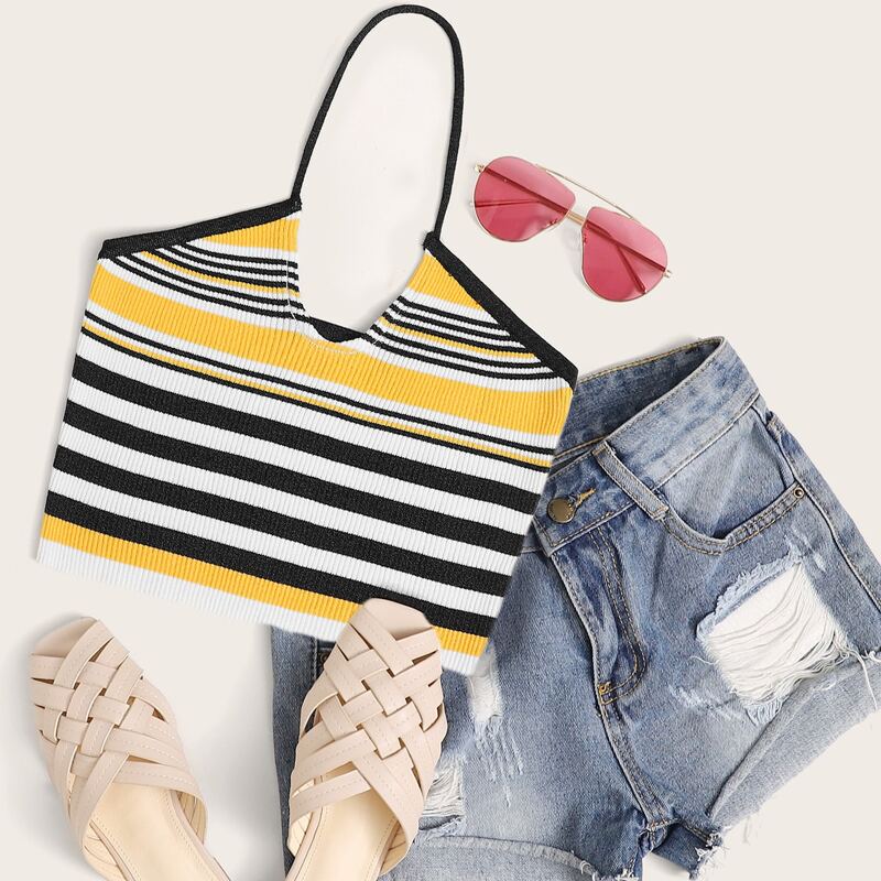 

Color Striped Halter Crop Knit Top, Multicolor