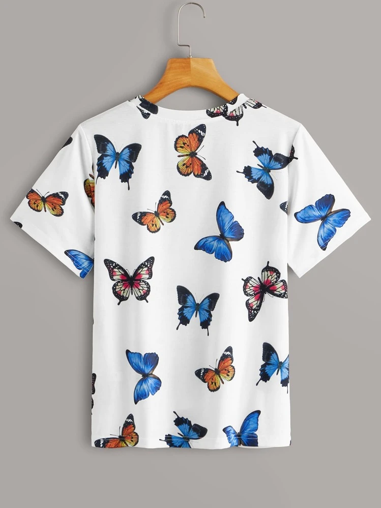 Camiseta de cuello redondo con estampado de mariposa - Blanco - Añade 2