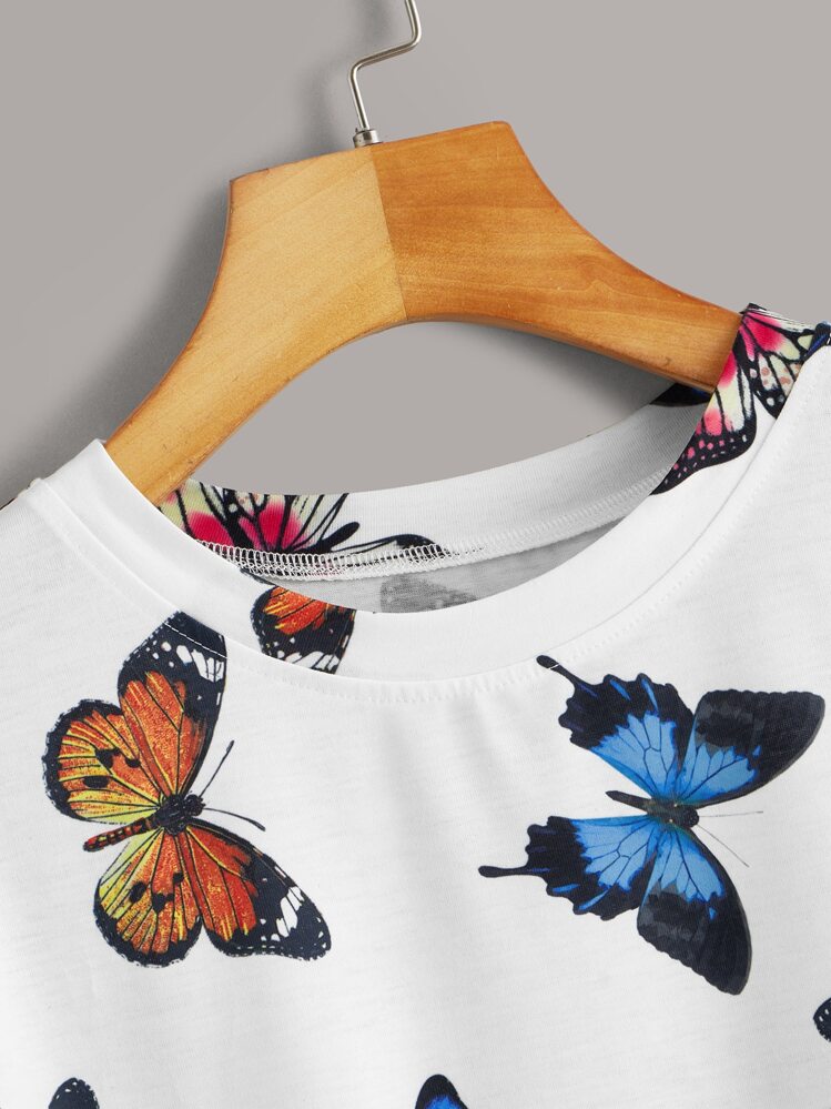 Camiseta de cuello redondo con estampado de mariposa - Blanco - Añade 4