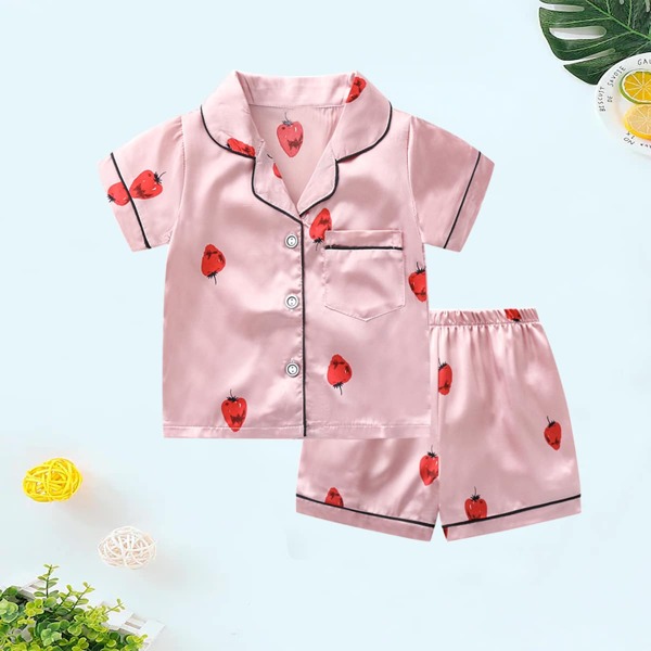 

Toddler Girls Strawberry Contrast Trim Satin PJ Set, Pink