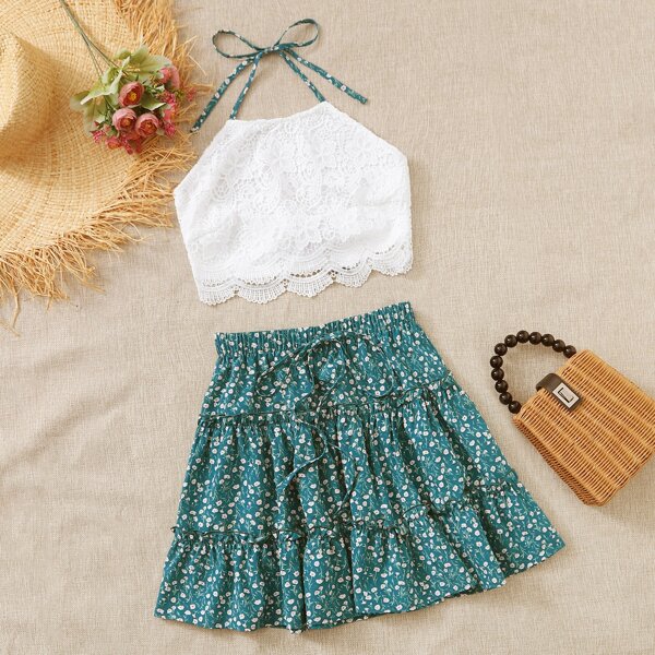 

Guipure Lace Overlay Halter Top and Layered Skirt Set, Multicolor