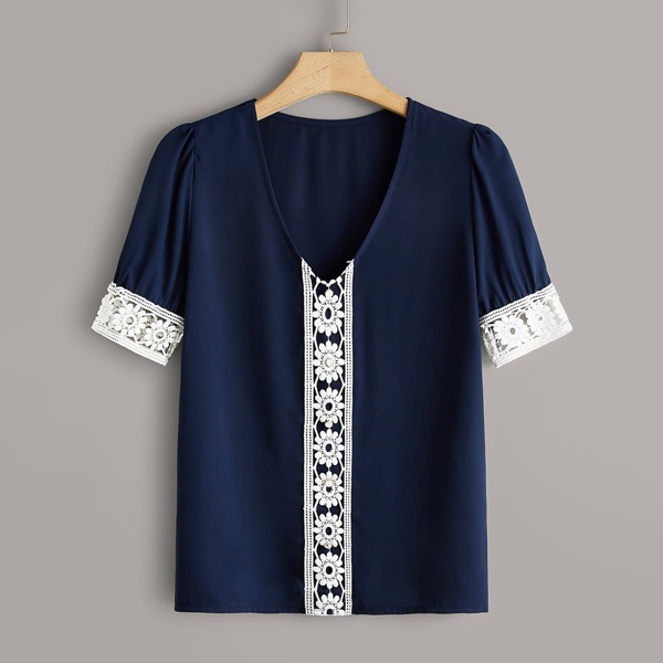 

Contrast Panel Hollow Out Chiffon Blouse, Navy