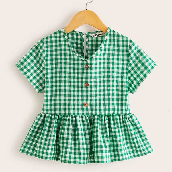 

Girls Buttoned Front Gingham Peplum Top, Green