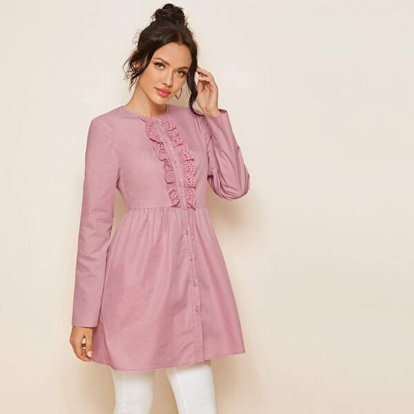 

Embroidered Eyelet Ruffle Trim Blouse, Pink pastel