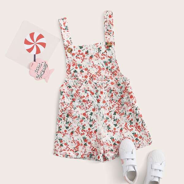

Girls Crisscross Back Rolled Hem Ditsy Floral Overall Shorts, Multicolor