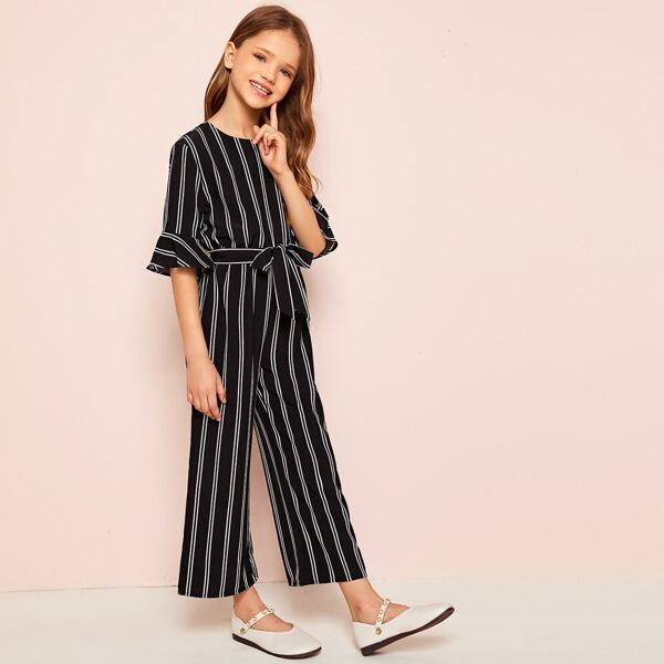 

Girls Flounce Sleeve Self Belted Striped Jumpsuit, Black
