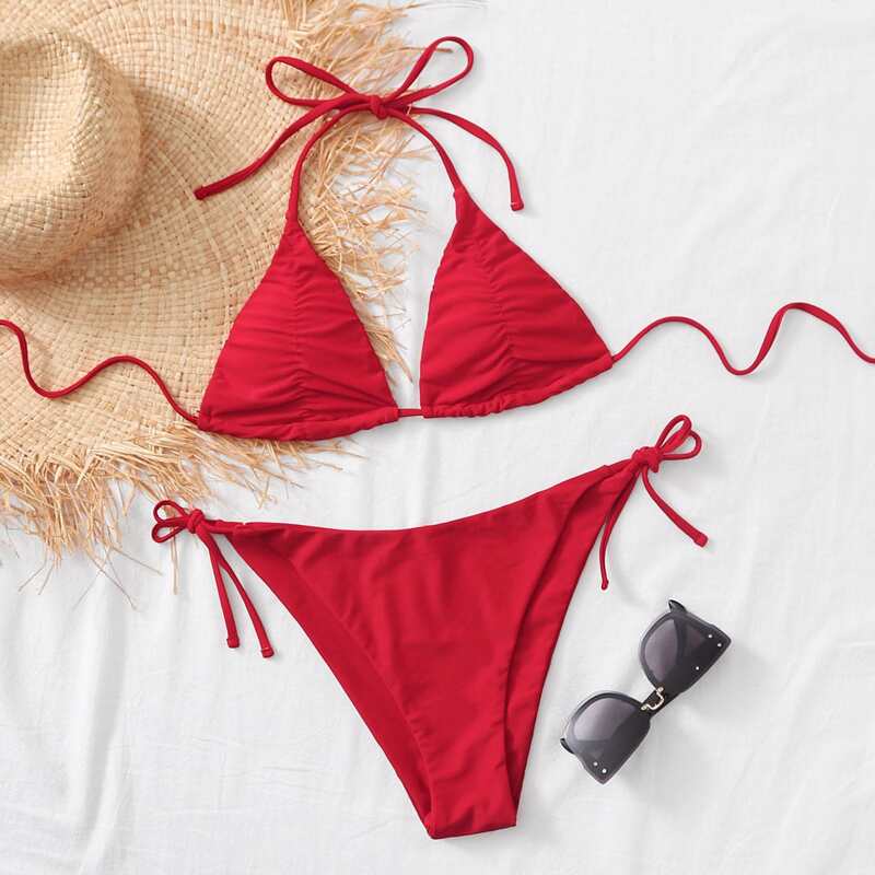 

Ruched Triangle Tie Side Bikini Swimsuit, Red