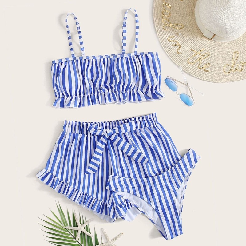 

3pack Striped Tie Front Co-ord Bikini Swimsuit, Blue and white