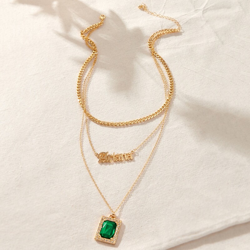 

1pc Rhinestone Engraved Letter Decor Layered Necklace, Gold