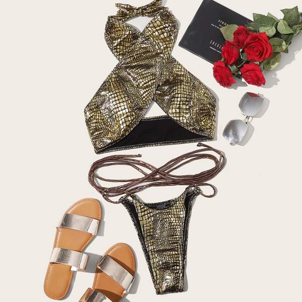 

Crocodile Metallic Criss Cross Halter Bikini Swimsuit, Gold