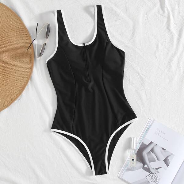 

Contrast Binding Zip Front One Piece Swimsuit, Black