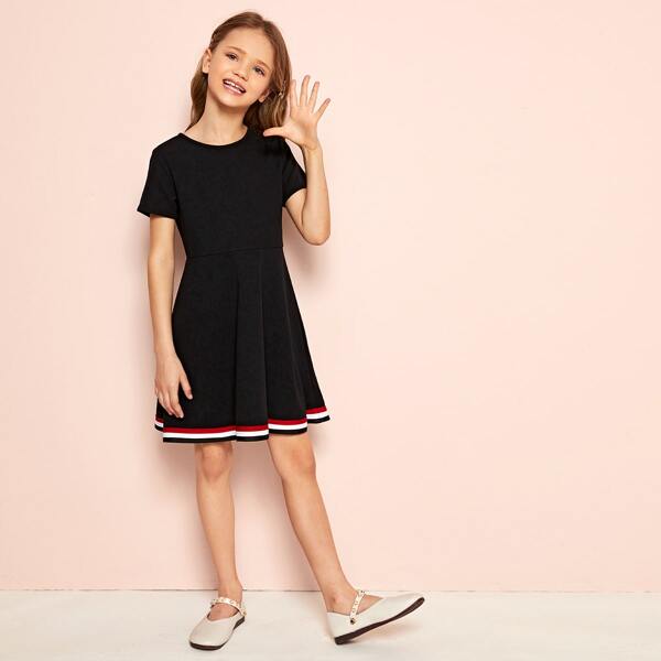 

Girls Striped Trim Skater Dress, Black