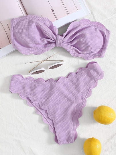 Textured Scallop Trim Bandeau Bikini Swimsuit