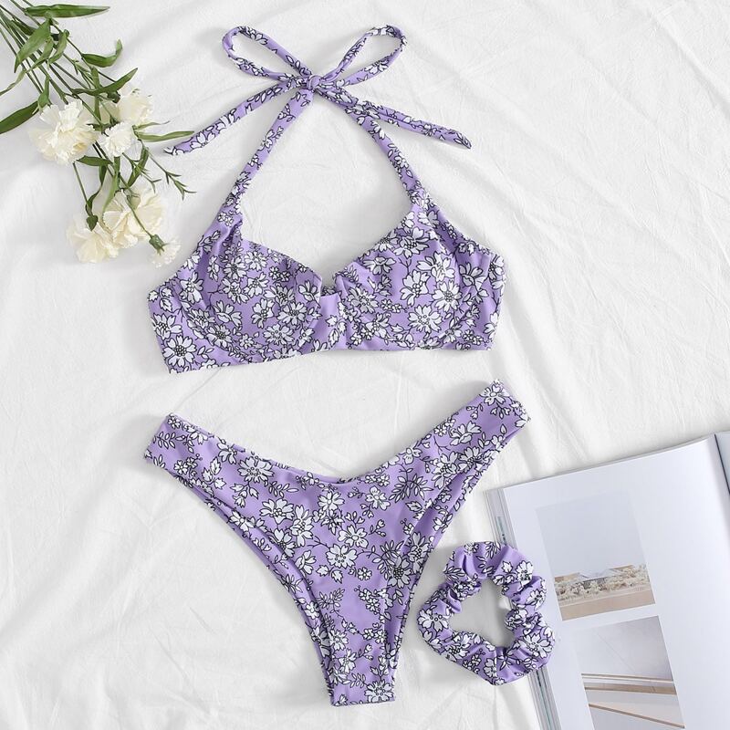 

Floral Underwire Bikini Swimsuit With Scrunchie, Purple