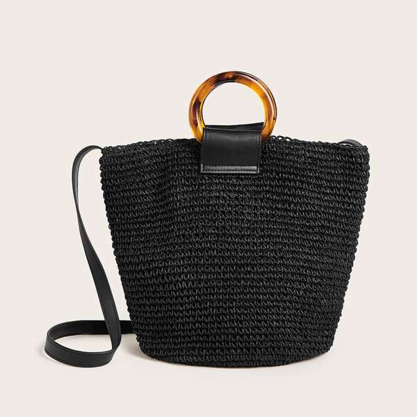 

Plaited Satchel Bag With Ring Handle, Black