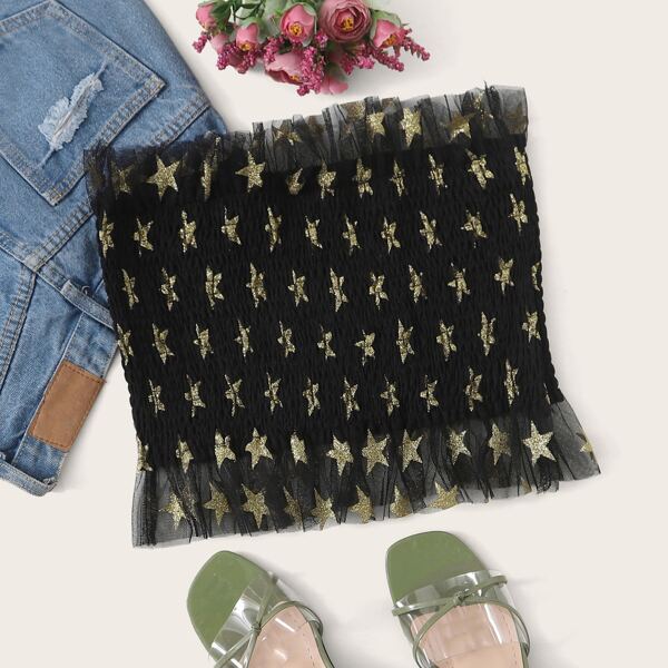 

Star Print Shirred Mesh Tube Top, Black
