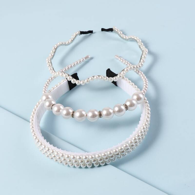 

3pcs Faux Pearl Beaded Hair Hoop, White