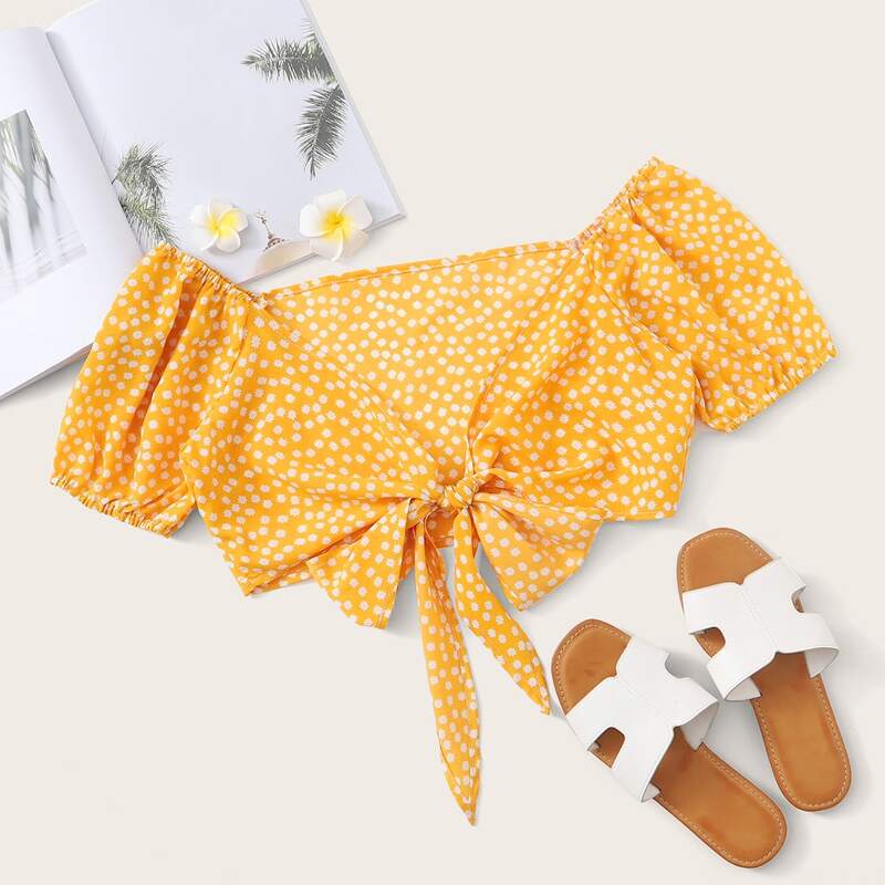 

Polka Dot Tie Front Crop Top, Yellow