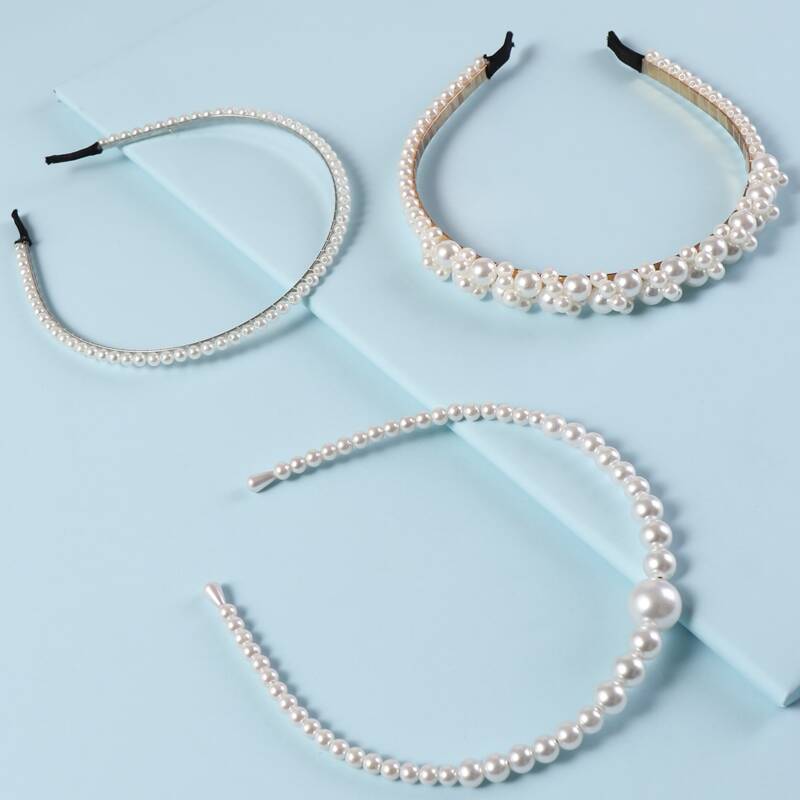 

3pcs Faux Pearl Beaded Hair Hoop, White