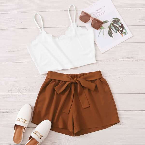 

Scallop Trim Cami Top & Belted Shorts, Multicolor