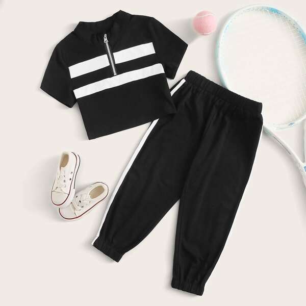 

Toddler Girls Contrast Panel Half Zipper Tee & Sweatpants, Black