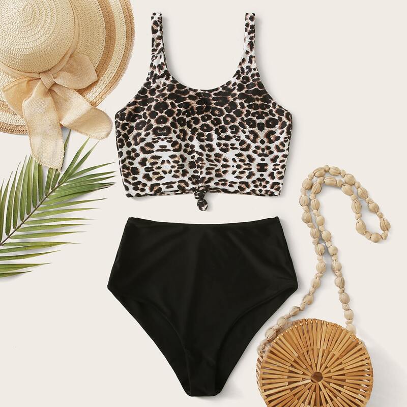 

Leopard Knot Front High Waisted Bikini Swimsuit, Multicolor
