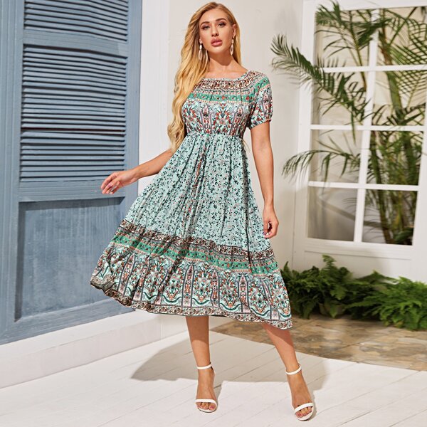 

Floral & Tribal Print Drawstring Waist Dress, Multicolor