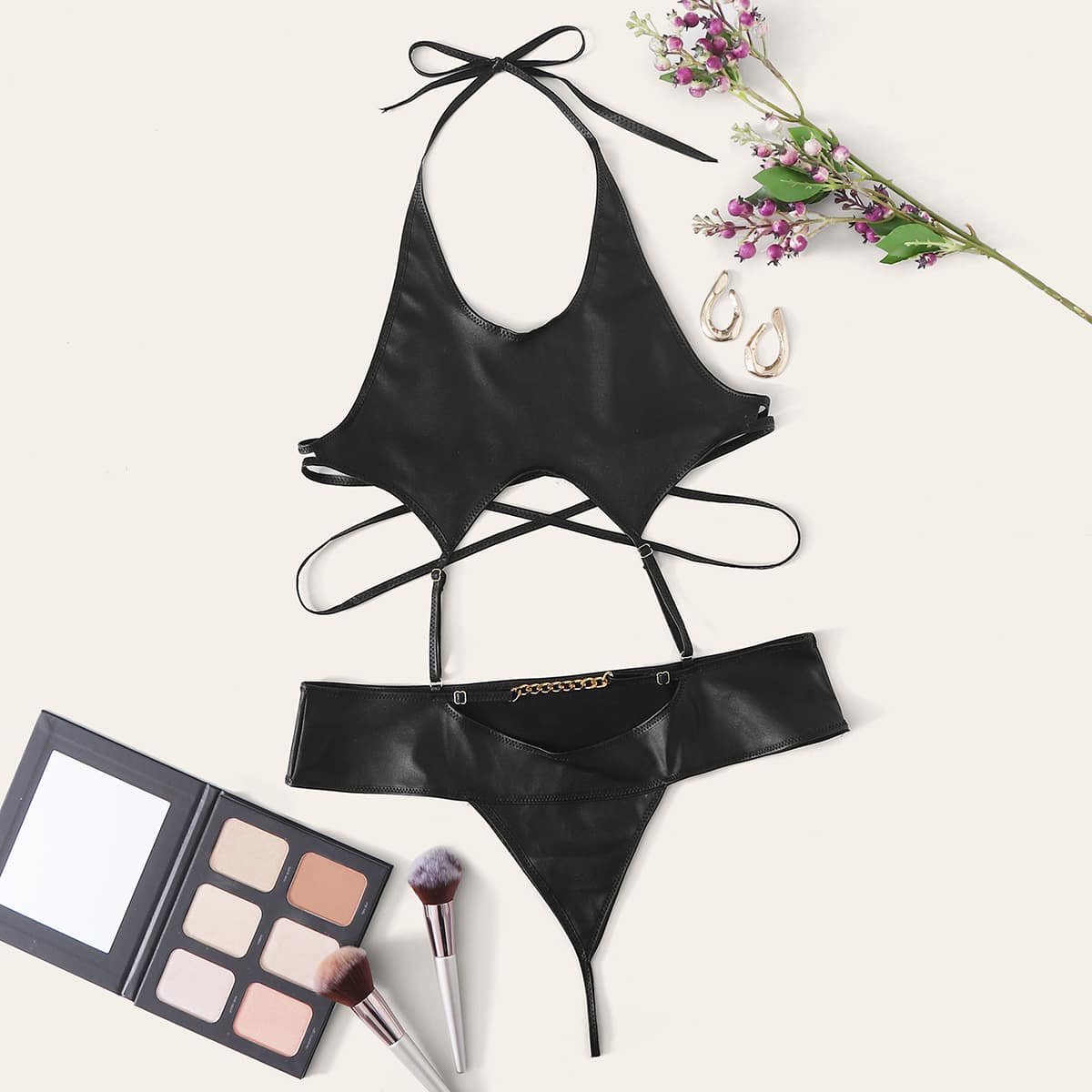 

Chain Halter PU Teddy Bodysuit, Black