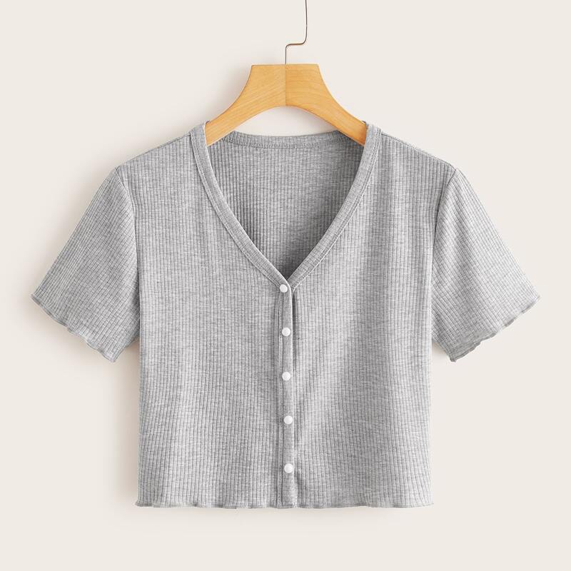Button Front Lettuce Trim Crop Top, Grey