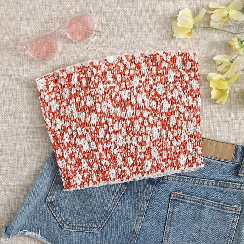 

Ditsy Floral Shirred Tube Top, Red
