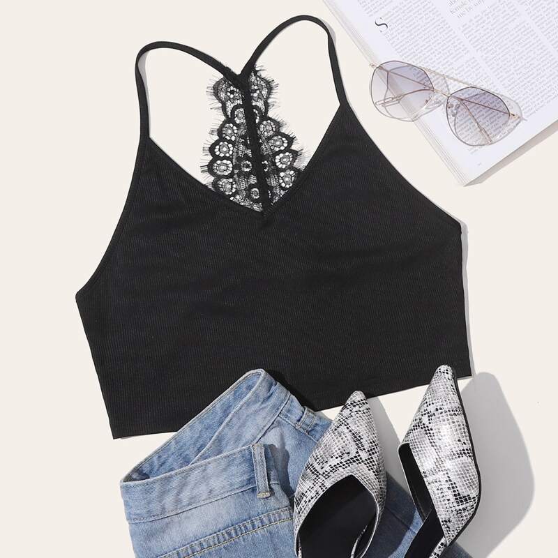 

Eyelash Lace Back Crop Cami, Black