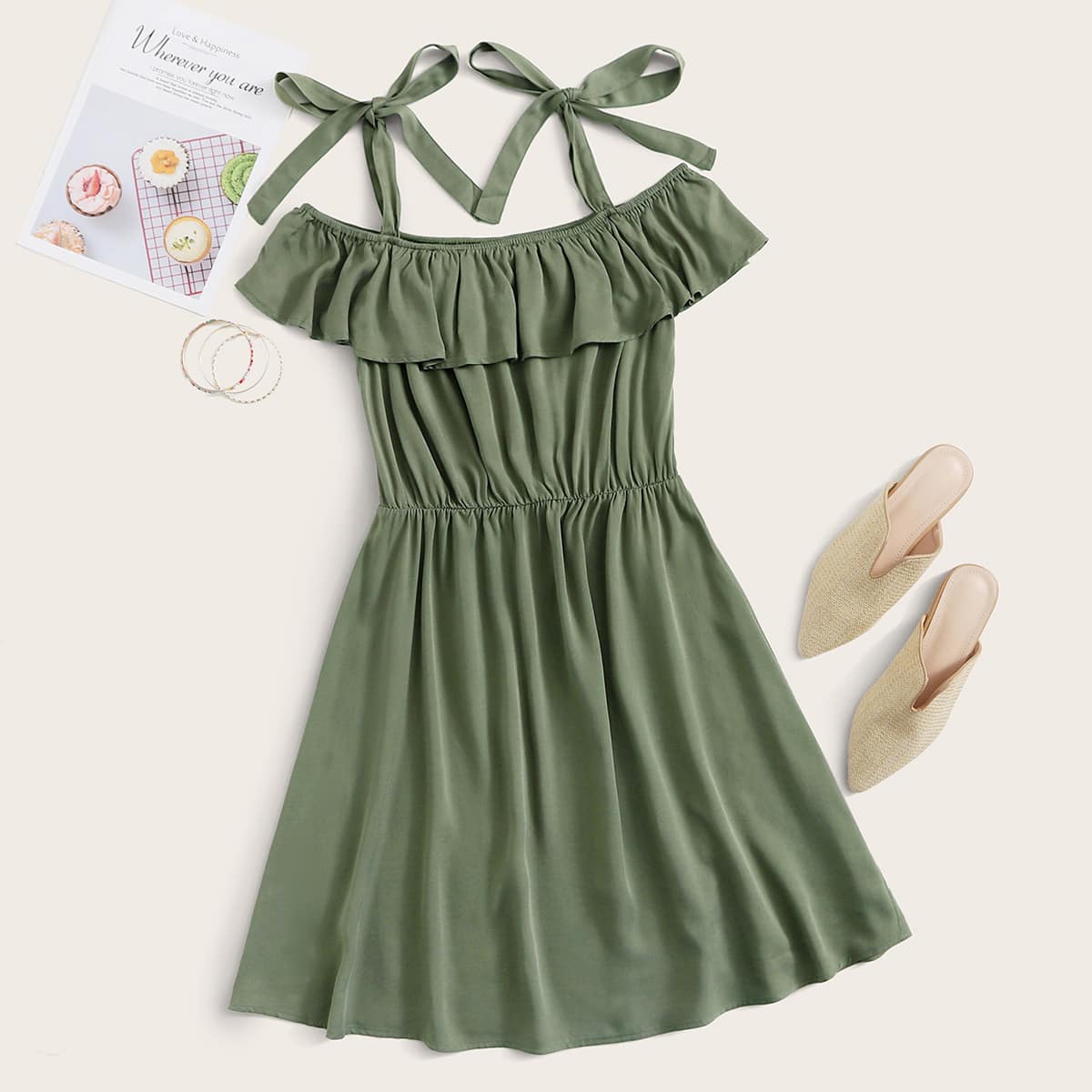 

Tie Strap Ruffle Cami Dress, Army green